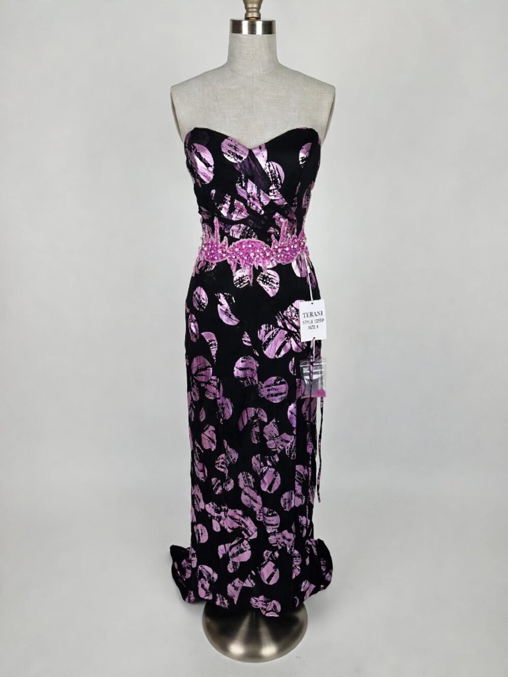 Terani 1255P Black Pink Strapless Beaded Waist Gown Size 8 NWT Vintage